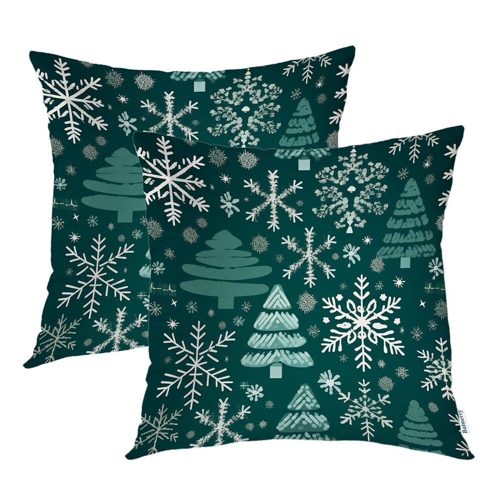 2266 Winter Fir Tree Throw Pillow Covers, Green Christmas Tree Snowflake